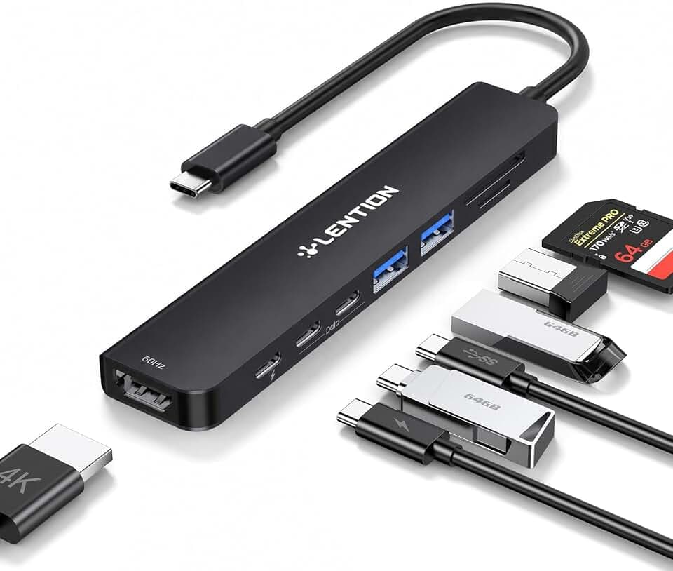 LENTION USB-C Hub, 4K@60Hz HDMI, 100W PD, 2 USB-C, 2 USB 3.0, Card Reader