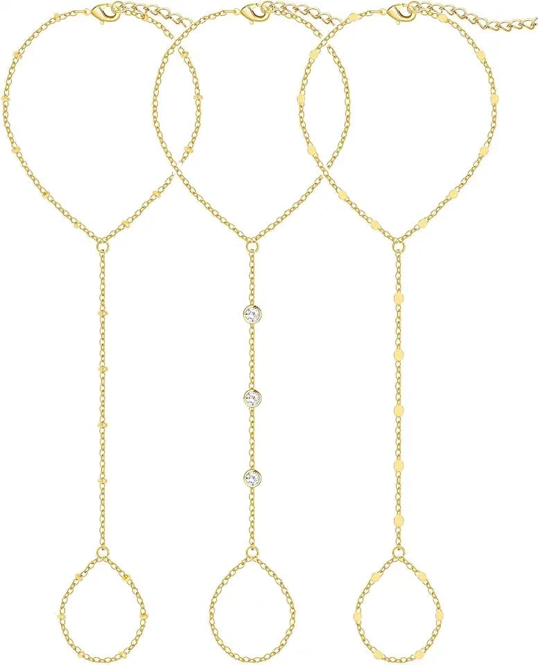 3PCS 14K Gold-Plated Hand Chain Bracelets for Women, Stack Bracelets Set Adjustable, Trendy Dainty Ring Bracelet Hand Chain