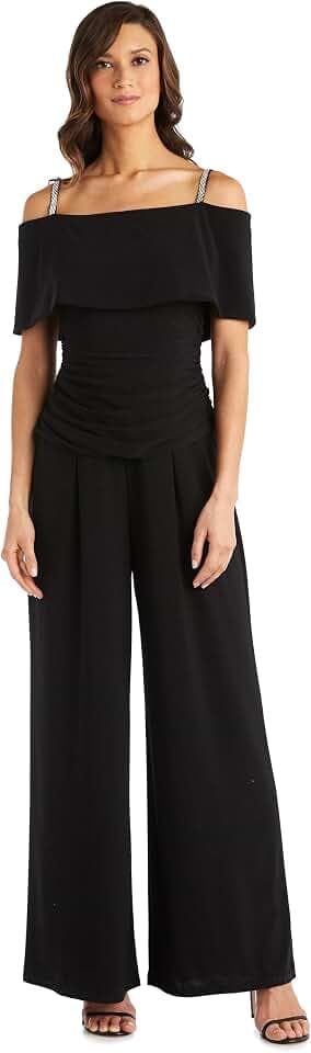 R&M Richards Women's Off-the-Shoulder Ruched Bodice Jumpsuit W/Rhinestone Straps & Wide Legs - Evening, Cocktail Party Style