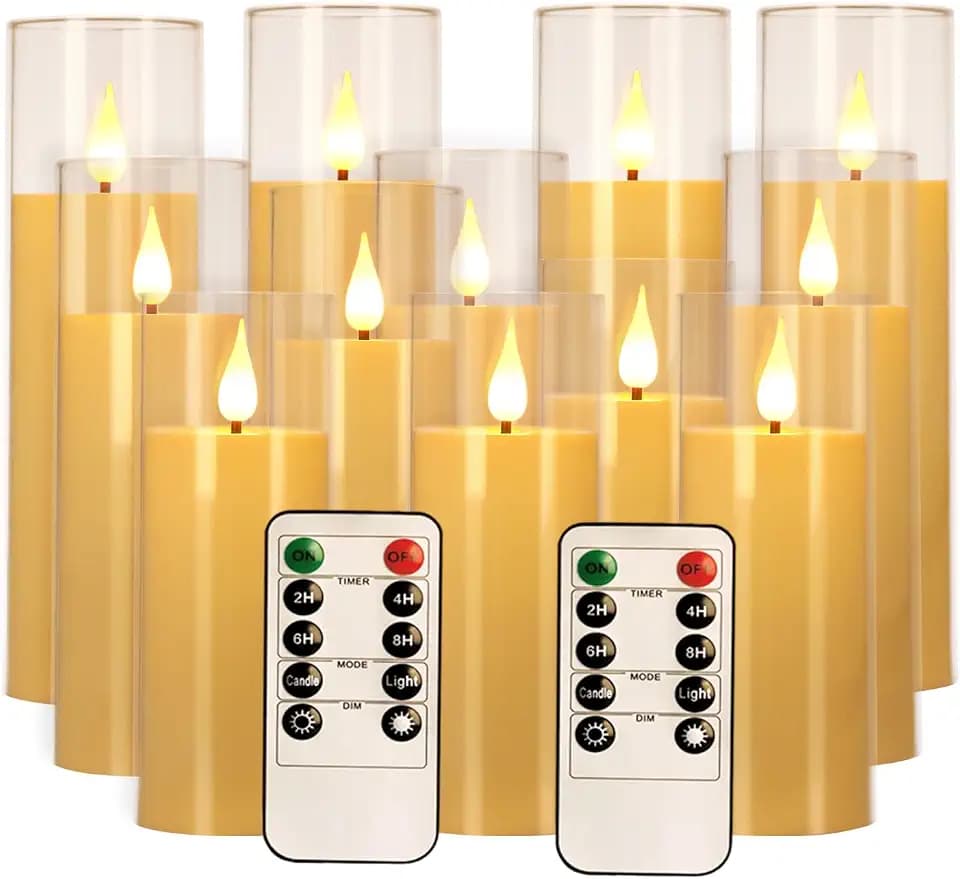 fclayvts 12 Packs of Acrylic LED Candles, Flickering Flameless Candles Battery Operated with Remote Dimmed and Timed, 3D Wick Candles for Home Decor,Wedding,Gift，Parties and Festivals. (3 Size Ivory)