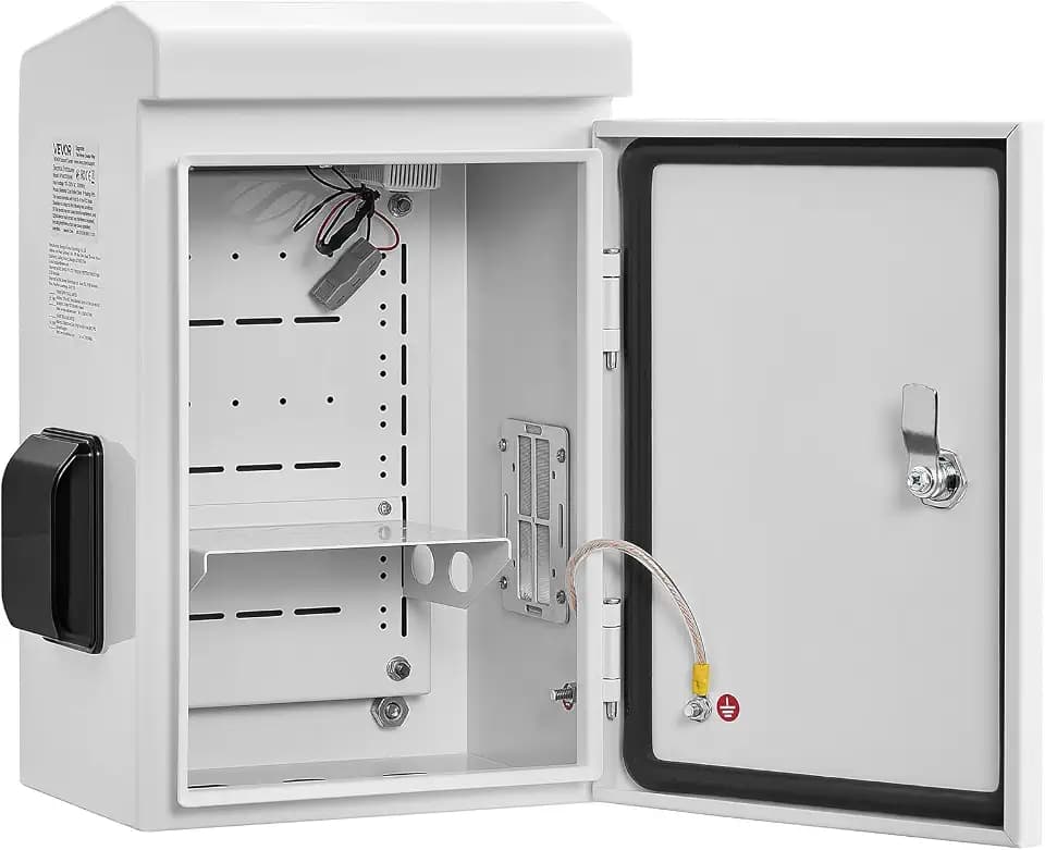 VEVOR Outdoor Electrical Box, Cold-Rolled Steel, Electrical Junction Box with Thermostat and Fan, Rain Hood, Ventilated Design, IP65 Waterproof Hinged Enclosure, Wall/Pole Mounted, 16 x 12 x 8 in