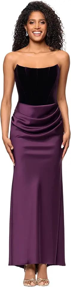Betsy & Adam Women's Velvet Strapless Satin Drape Floor Length Dress