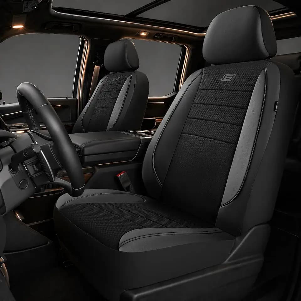 Skechers Air-Cooled Memory Foam Seat Covers,Mesh Thick Car Seat Covers,Piping Leather Car Seat Covers Front Seats,Airbag Compatible,Automotive Comfort Universal FitMost Cars,Vans,Truck,SUV,Black