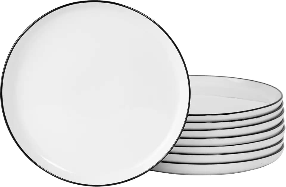 Gibson Home Oslo 8-Piece Porcelain Chip and Scratch Resistant Dinner Plate Set – White with Black Rim, Microwave & Dishwasher Safe