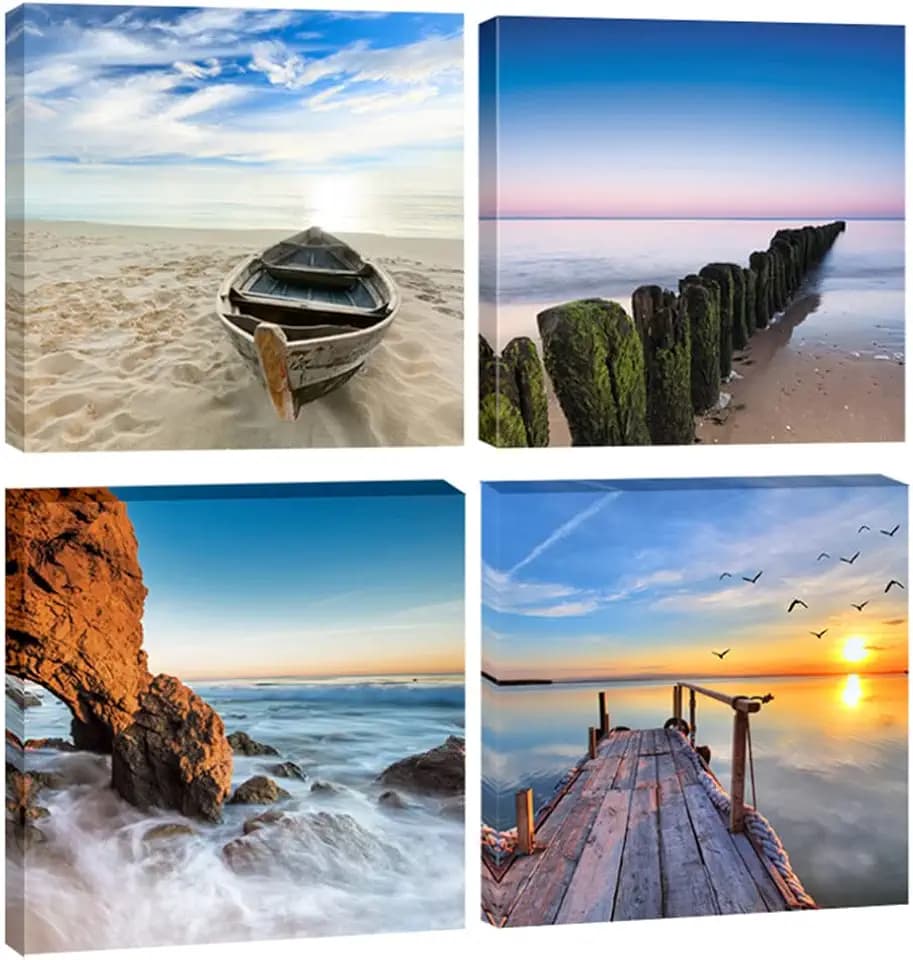 Wieco Art Seaview Sea Beach Canvas Prints Wall Art Large Modern 4 Panels Seascape Giclee Paintings Pictures Stretched and Framed Landscape Artwork Ready to Hang for Home Decorations