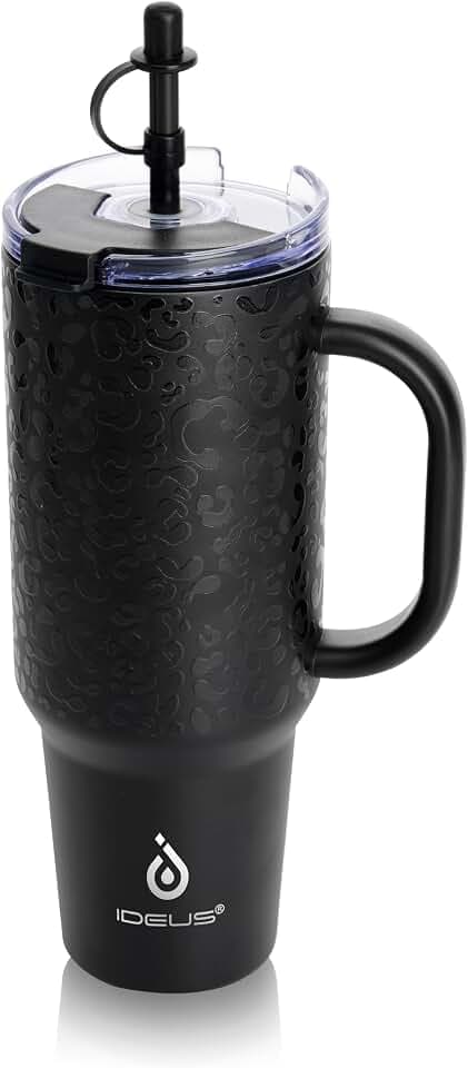 Ideus Isolierbecher mit Griff 40oz (1,200ml), doppelwandige Mehrweg-Kaffeetasse aus Edelstahl, Reisebecher mit auslaufsicherer Abdeckung und Stroh, BPA-frei Heiß und Kalt Halten (Leopard Schwarz)