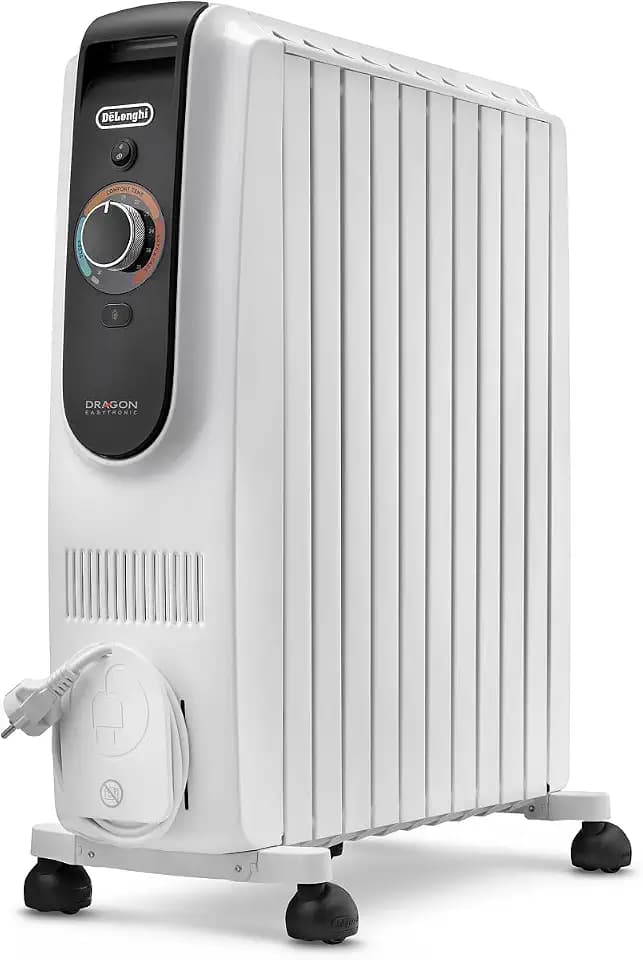 De'Longhi Dragon EasyTronic – Ölheizer für Räume bis 75m³, Elektroheizung mit Sicherheitsthermostat, 10 Rippen, Individuelle Heizung – 12 Temperaturstufen, Tragbar, 2500W, Weiß (TRD51025)