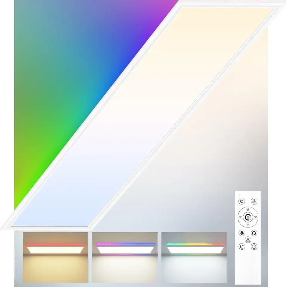Peasur LED Deckenleuchte Flach mit Fernbedienung, 42W 4600LM Deckenlampe mit 7 RGB Farbwechsel Hintergrundbeleuchtung Panel Lang, 120x30cm 3000K-6500K Dimmbar für Küche Schlafzimmer Wohnzimmer