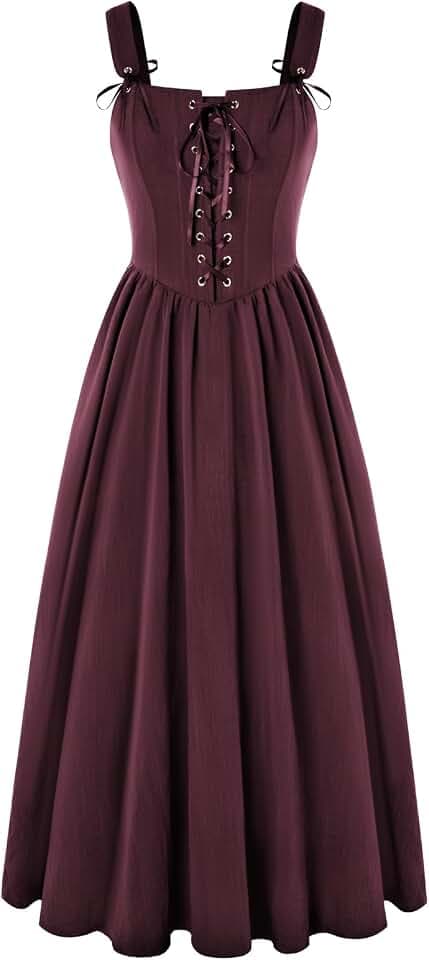 SCARLET DARKNESS Damen Renaissance Korsett Kleid Ärmellos mit Schnürung Gesmokt Mittelalter Maxikleid