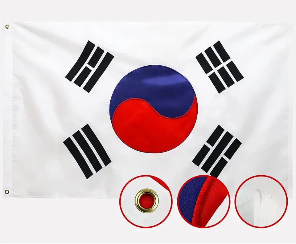 Double Sided South Korea Flag 3x5 Ft Outdoor Korean Flags Embroidered, Heavy Duty 210D Nylon, Sewn Stripes, Stronger Brass Grommets,4 Stitched Hemming, Perfect for Outside