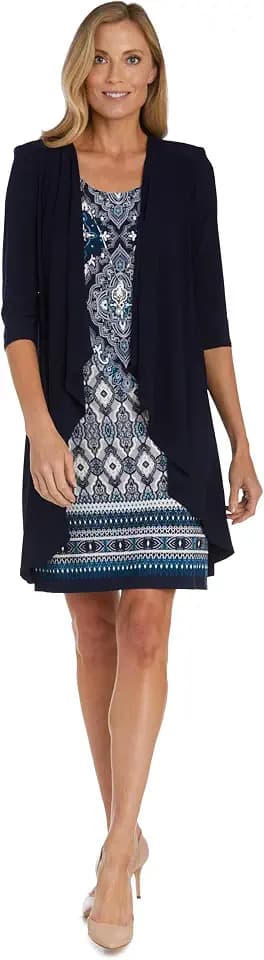 R&M Richards Women's 2-Piece Double Border Puff Printed Shift Dress W/ 3/4 Sleeves Draped Jacket