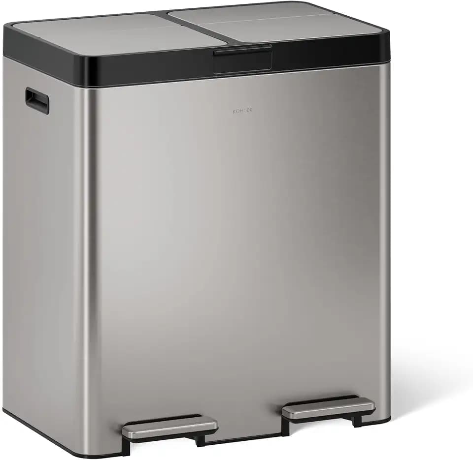 Kohler K-23828-ST 82-Liter Stainless Steel Dual-Bin Step Trash Can, Fingerprint Resistant, Soft-Close Lid, Kitchen or Office