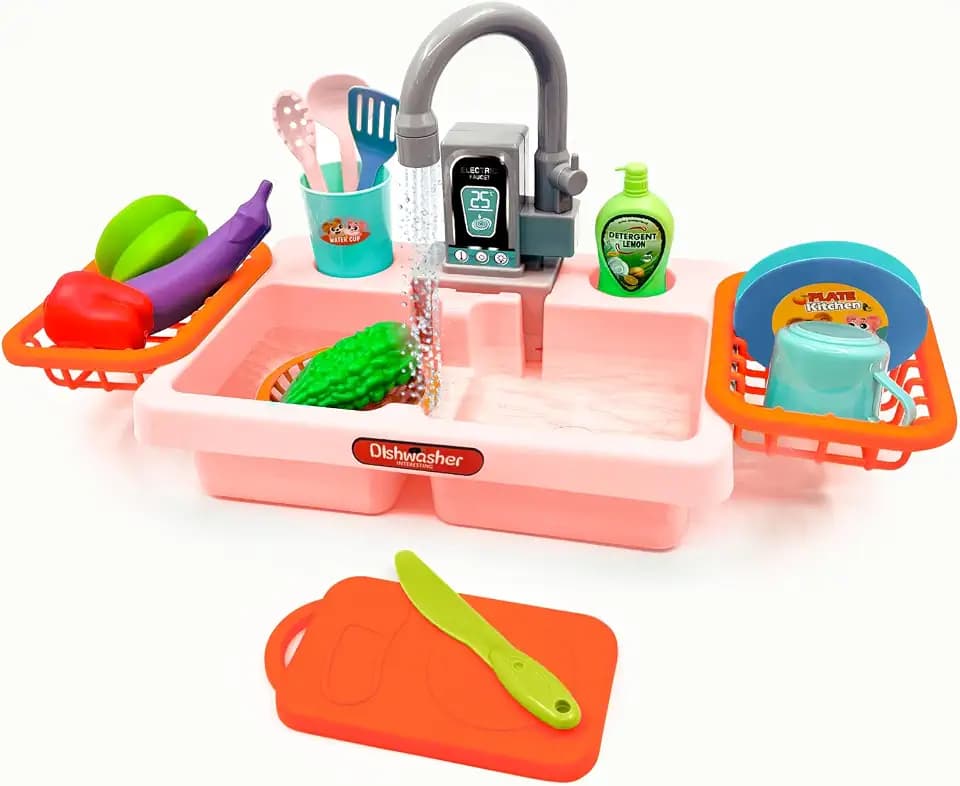 Acelane Küchenspüle Spielzeug Set mit Wasser Recycling Wasserhahn und Waschbecken, Kinder Rollenspiel Spielzeug Set (Rosa)