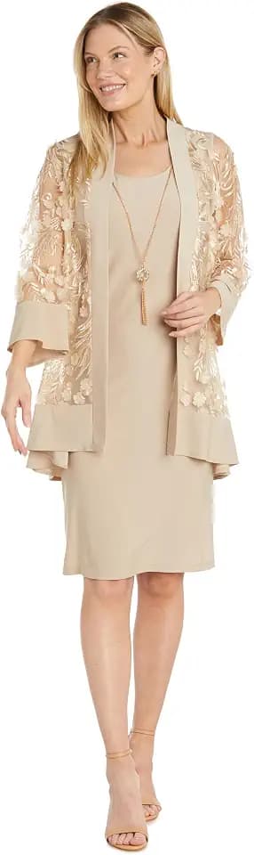 R&M Richards Women's 2-Piece Sheath Dress W/Sheer 3D Floral Jacket & Detachable Necklace