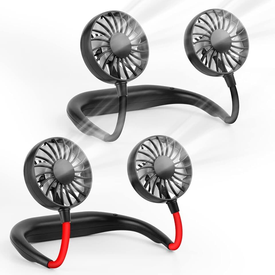 BOSONER Nackenventilator Hals Ventilator Tragbarer: 2000mAh Halsventilatoren mit USB Leise Portable Neck Fan - Mini Ventilator für Outdoor Büro Camping Reisen (Ganz Schwarz-schwarz+rot)