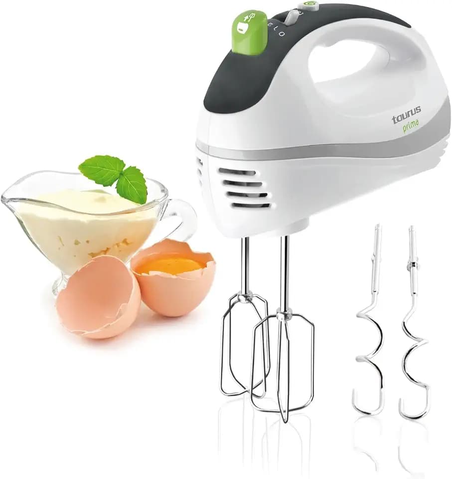 Taurus Handmixer | elektrisch | 300 W | 5 Geschwindigkeitsstufen | Turbofunktion | 2 verschiedene Aufsätze | Knethaken und Rühraufsätze abnehmbar | spülmaschinengeeignet | BPA-frei | Edelstahl | weiß
