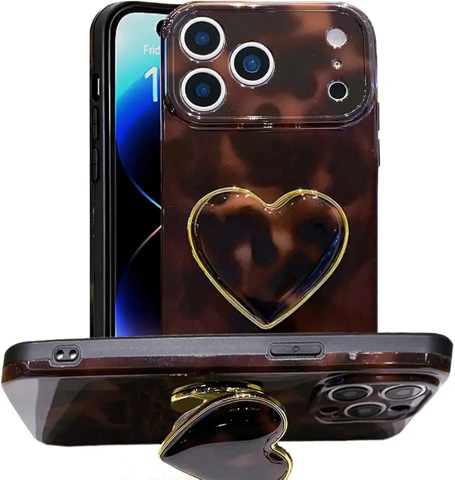 Compatible with Cute iPhone 17 Pro Case 6.3'', Tortoise Shell Phone Case with Dark Brown Amber Print Leopard Heart Holder Stand Kickstand Shockproof TPU Protective Cover for Women Girls