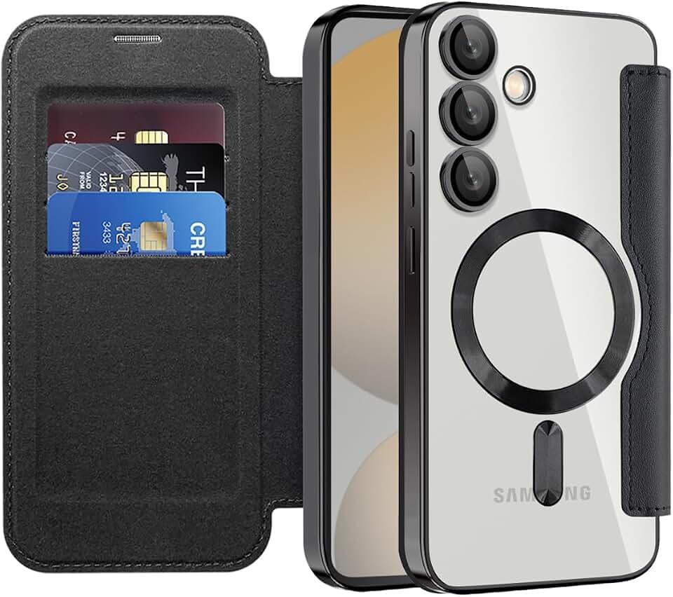 LEMAXELERS Hülle für Samsung Galaxy S25 FE TPU [Kompatibel mit MagSafe] Stoßfest Kratzfest Flip Klappbare Ledertasche Case mit [Kartenfächer] [RFID Blocker] Handyhülle für Galaxy S25 FE Schwarz JD