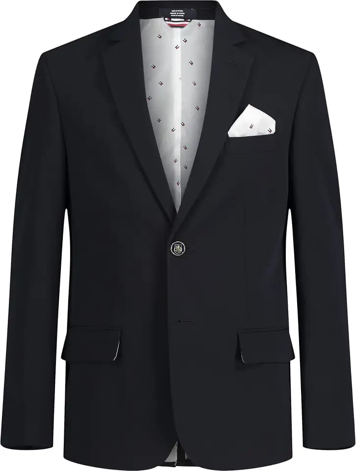 Tommy Hilfiger Boys' Bi-Stretch Alexander Blazer, Single Breasted with Pocket Square, Solid Color with Flag Print Lining