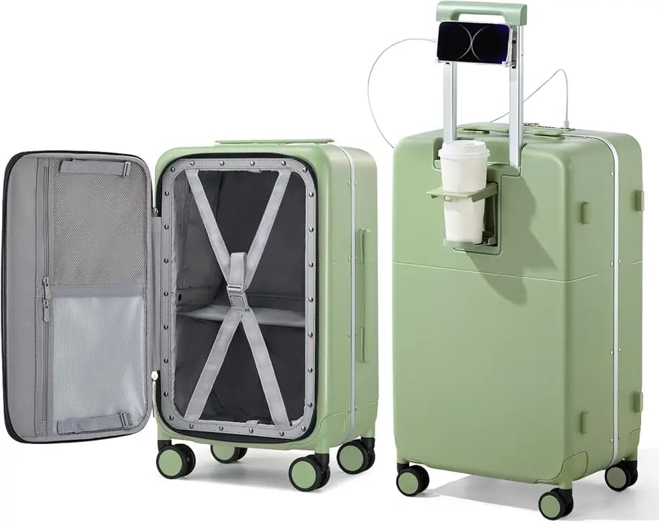 Hanke 24 Inch Checked Luggage with Cup Holder and USB Ports