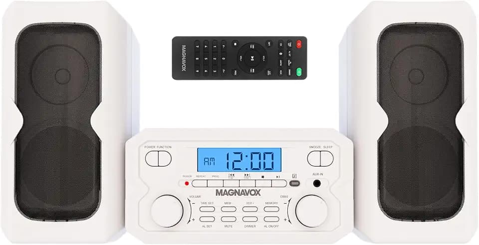 Magnavox 3-Piece Compact CD Shelf System with Digital FM Stereo Radio, Bluetooth Wireless Technology, and Remote Control in White | LCD Display | AUX Port Compatible