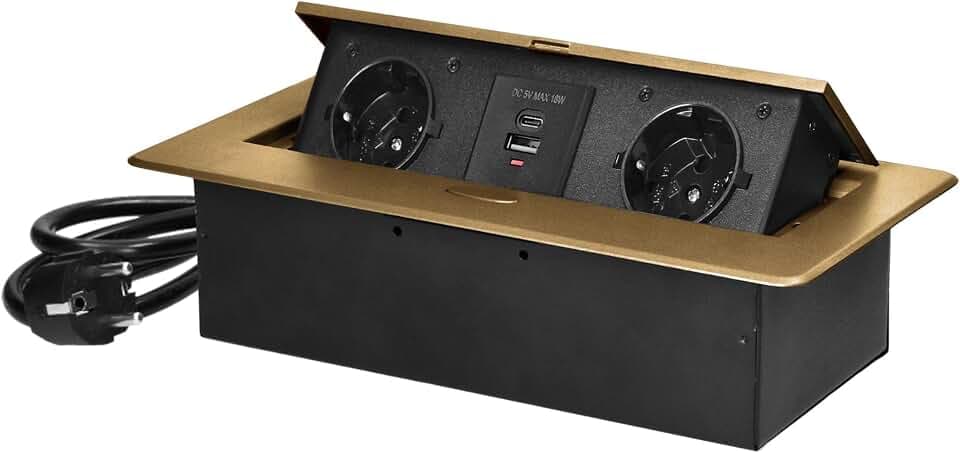 Schreibtisch Steckdose Tischsteckdose Versenkbar Modern Steckdose Versenkbar mit Flachem Rand mit Stromkabel 1,5 und 2x USB-Ladegerät (Typ A und C; 3,6A)