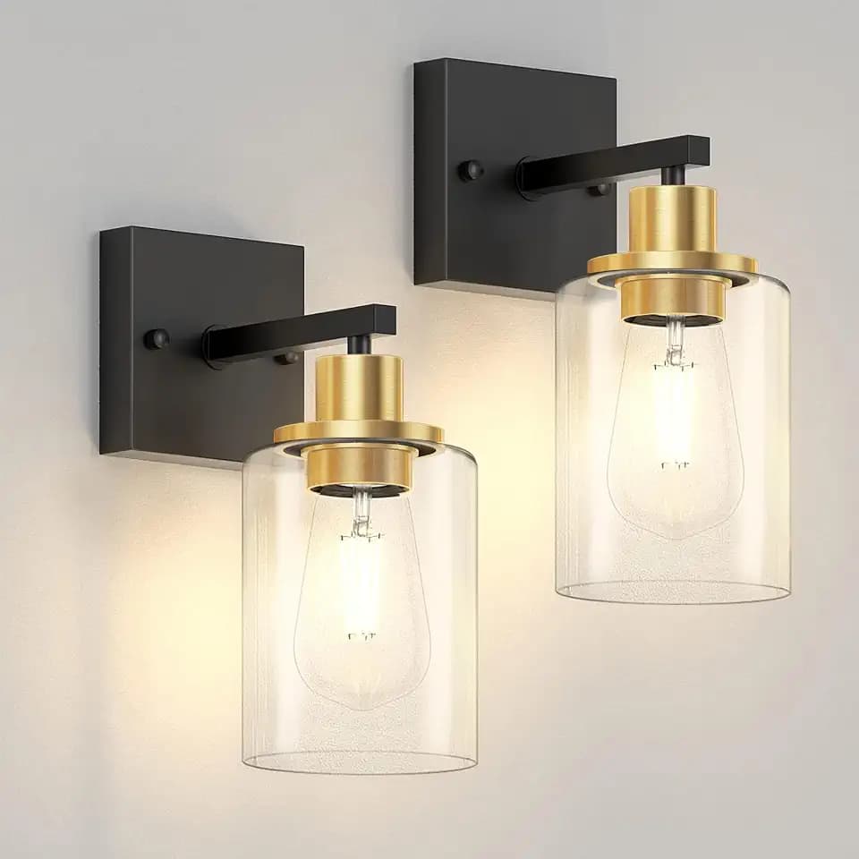 Licperron Black and Gold Wall Sconces Set of 2 with Clear Glass Shade, Matte Black Vanity Light Fixtures, Farmhouse Wall Lights for Bathroom, Bedside, Mirror, Living Room, Hallway