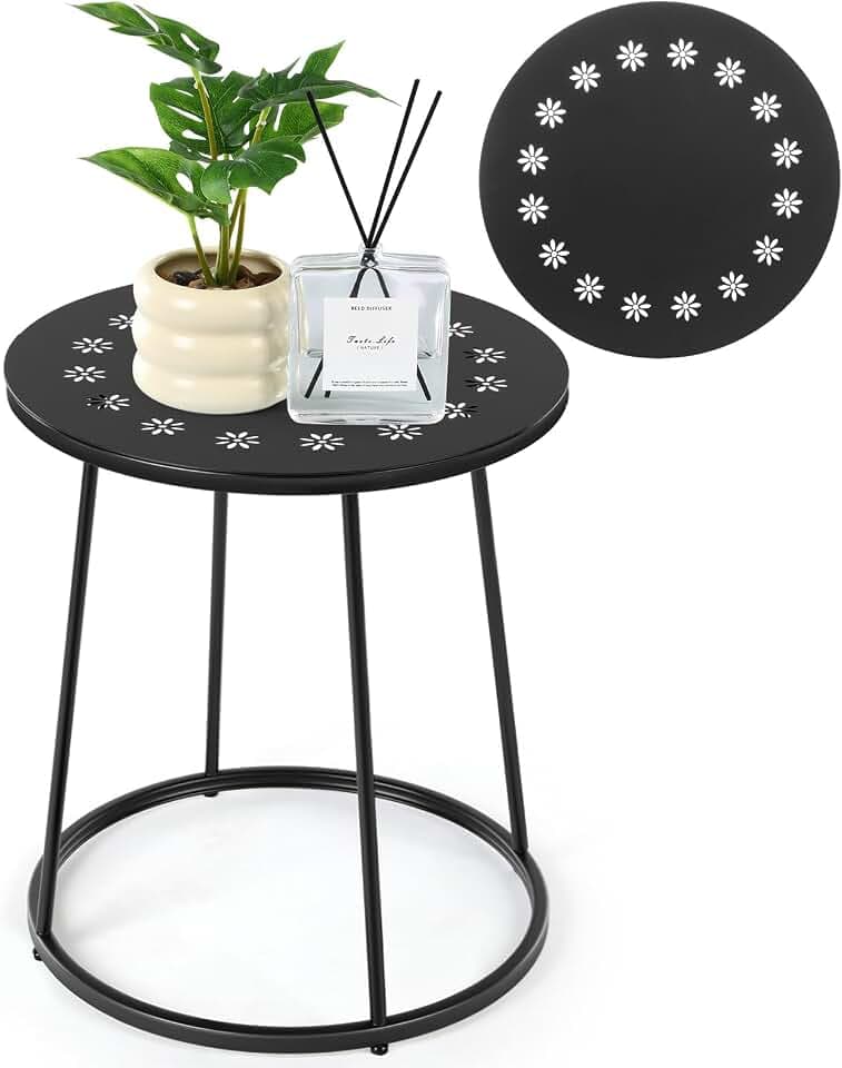 Vercraft Small Outdoor Side Table, 14" Patio Side Tables with Flower Cut Outs Weather Resistant Metal Outdoor End Table for Patio Outside Porch Balconies Garden(Black,Daisy)