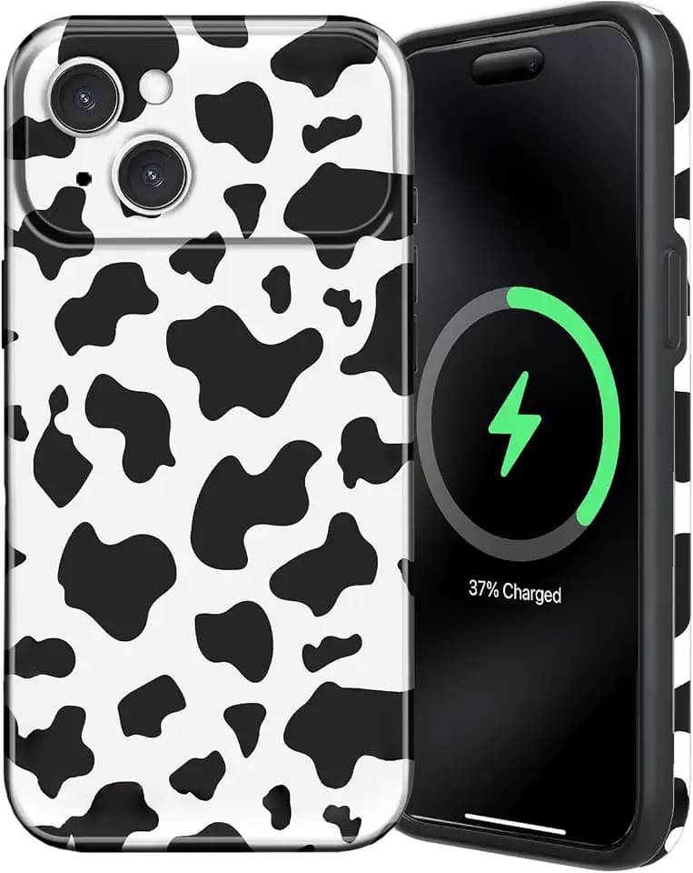 for iPhone 15 Case Cute Cow Print Compatible with MagSafe, Military-Grade Camera Protection Shockproof Slim TPU and Hard PC Protective Magnetic Phone Case for Women, Milk Cow