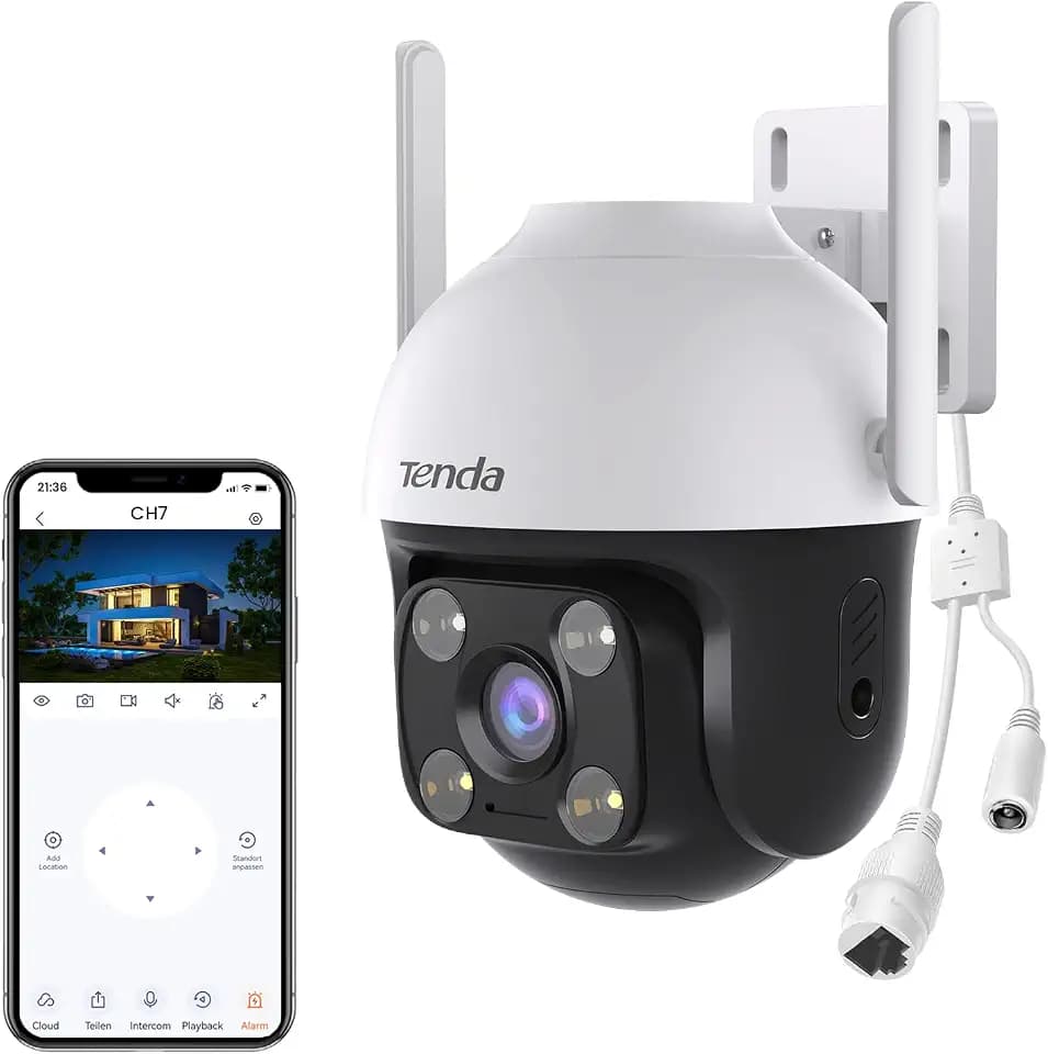 Tenda Überwachungskamera Aussen WLAN 2K+, Fahrzeug&Personen&Bewegungserkennung, WLAN Kamera Outdoor 4MP mit Nachtsicht in Farbe, 2-Wege Audio, Ton- und Lichtalarm, APP/Web-Steuerung, CH7