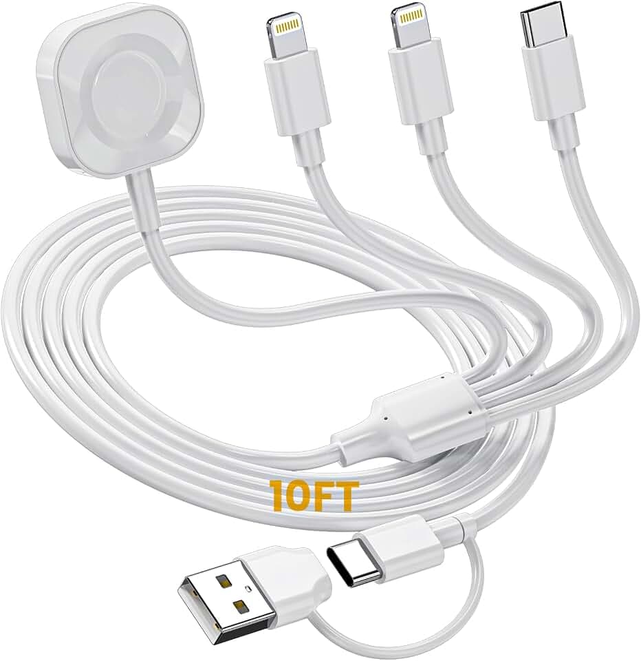 Multi Charging Cable 10FT for Apple Watch Charger, 4-in-1 USB-C/A to Lightning*2/Type-C/iWatch – Universal Charger for Multiple Devices (White)