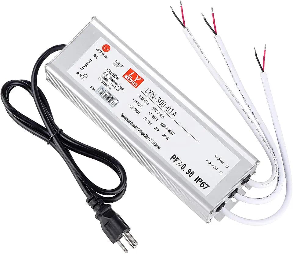 LED Driver 300 Watts (100W X3) 25A Waterproof IP67 Power Transformer Adapter 90-265V AC to 12V DC Low Voltage Output, with 3-pin Plug 3.3 ft LED Cable for LED Lighting Outdoor Light and Any 12V DC