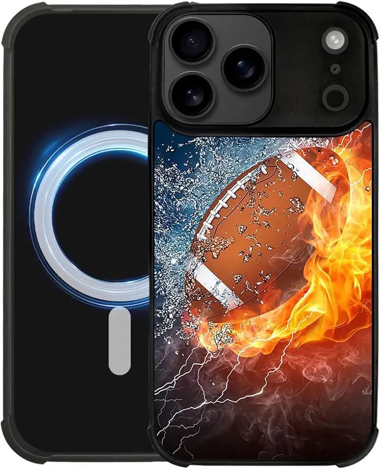 DJSOK Case for iPhone 18 Pro Max/iPhone 17 Pro Max,Compatible with MagSafe,Shockproof Rugged Cover Case,Rugby American Football On Fire