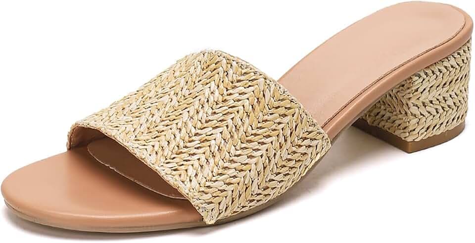 getmorebeauty Raffia Heeled Sandals for Women Chunky Heels Open Toe Slides Mules Sandals Slip On Summer Shoes