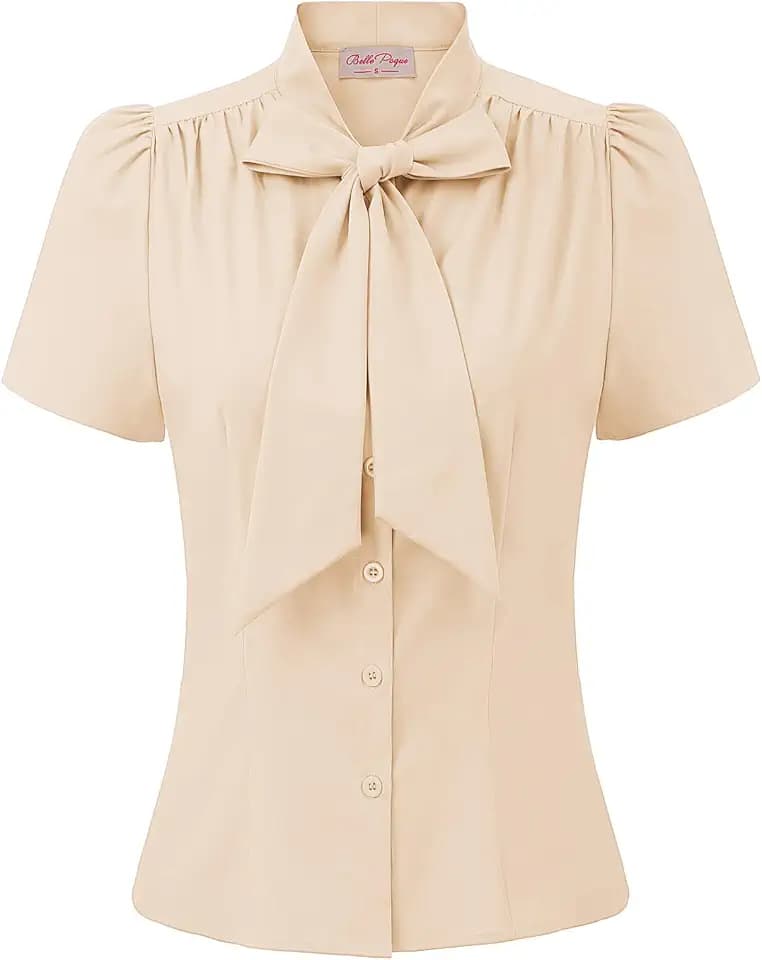 Belle Poque Women Dressy Casual Top Bow Tie Button Down Short Sleeve Blouse