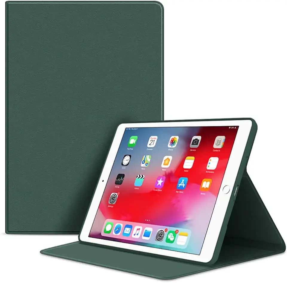 VAGHVEO Hülle für iPad 9./8./7. Generation 10,2 2021/2020/2019, iPad Air 3. / Pro 10,5 PU-Leder Buch-Flip Stoßfest Hüllen mit Flexibel Weiche TPU Rückseite Abdeckung, Auto Schlafen/Wecken, Dunkel Grün