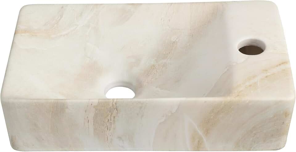 JONATHAN Y Felix 15" Wall Mounted Sink, Right Faucet, Beige Marble Effect