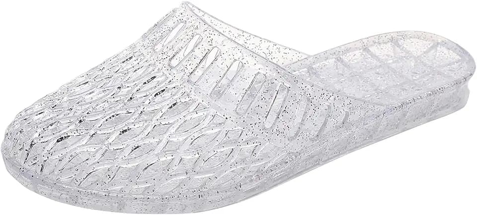 Womens Jelly Shoes, White Jellies Sandals Glitter Clear Flats Slip On Summer Beach Slippers Transparent Closed Toe Soft Slide