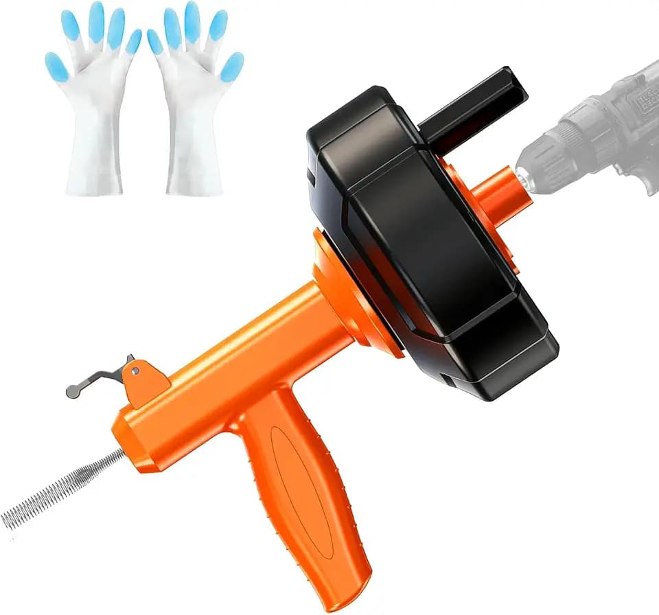 Drain Snake, Auto Feed Drain Auger with Drill Attachment, 25 Feet Plumbing Snake Flexible Hair Drain Clog Remover for Kitchen, Bathrom and Shower Sink with Gloves
