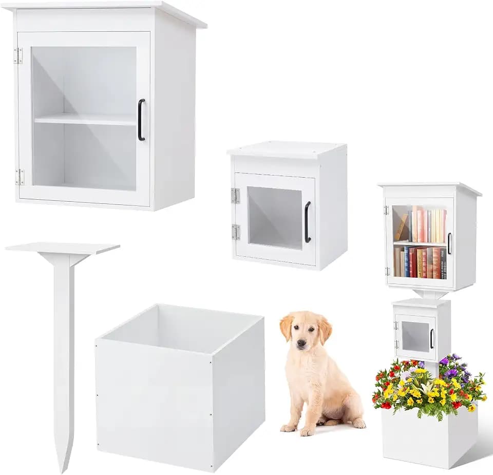 Wonderjune Little Library Box Outdoor Weatherproof Solid Wood Double Book Exchange Box with Pillar-mounted Mini Library, Floor Plugs & Flower Fence for Community Neighborhood School(White)