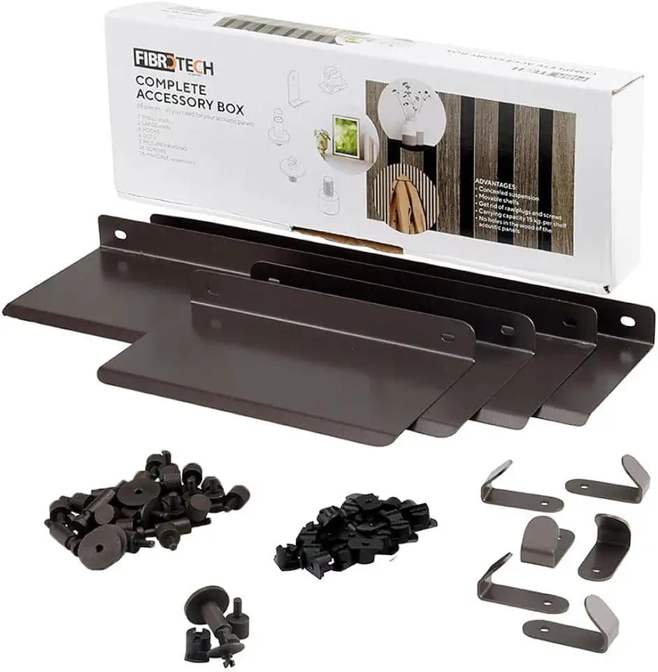 FIBROTECH Zubehörbox für Akustikpaneele (brünierter Stahl, L37 x B13 x H5 cm, 68-teilig, Zubehör Akustikplatten, Raumklang, Wandverkleidung, Schallisolierung) 2432405