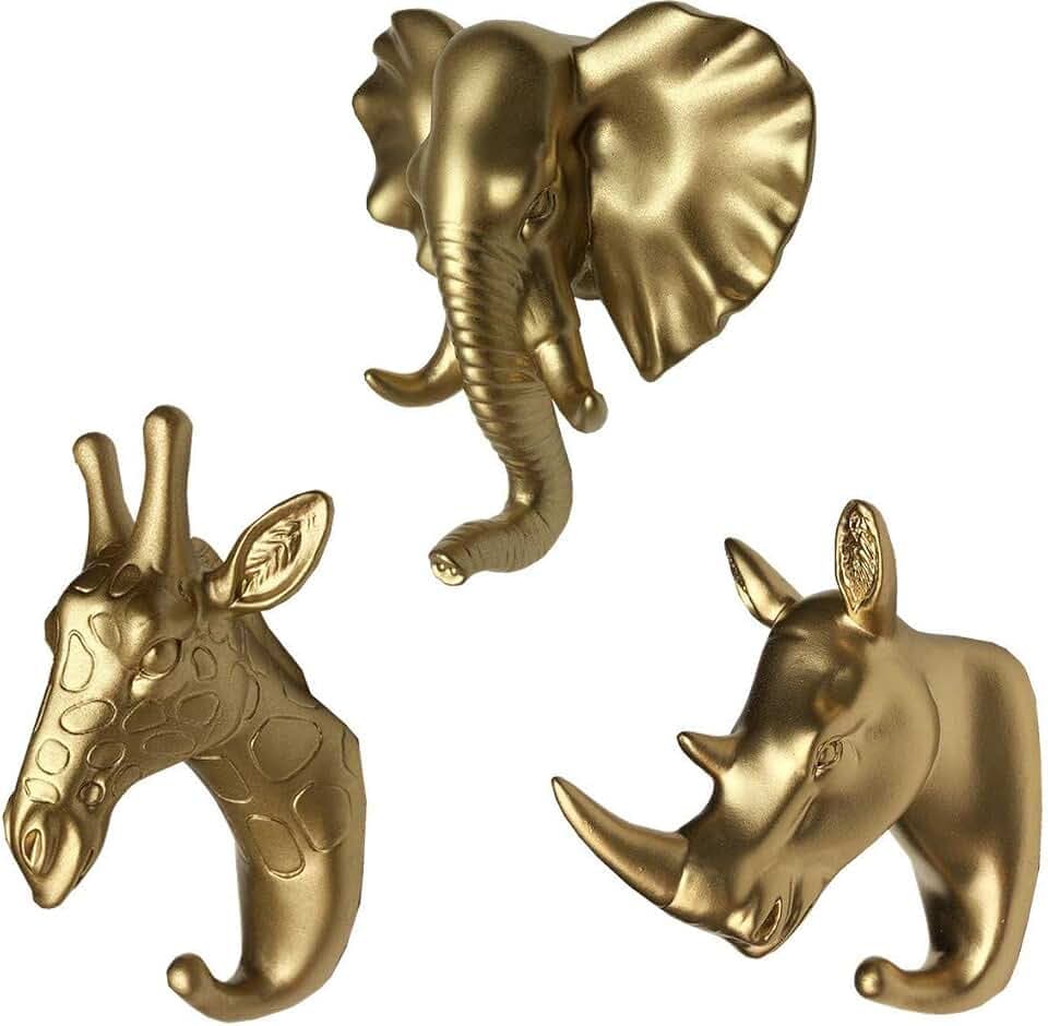 MYRU Wandhaken / Kleiderbügel mit Elefantenkopf, Giraffenkopf und Nashornkopf, Tierform, goldfarben, 3 Stück