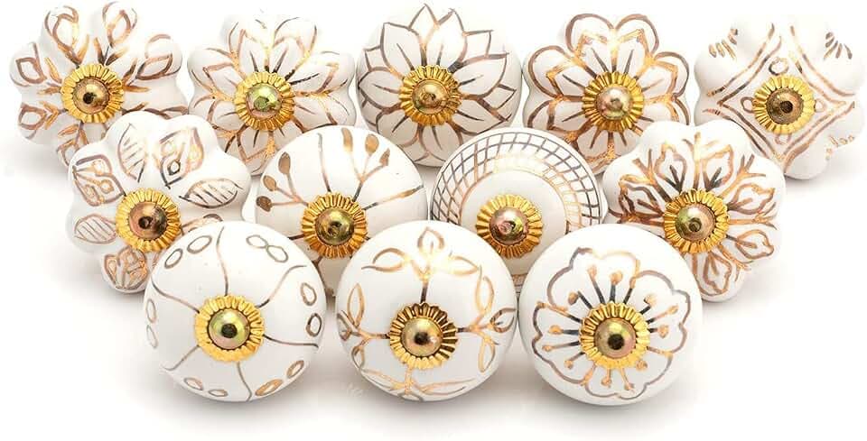 FOLK CRAFT Goldene Schrankknöpfe für Kommodenschubladen – Indische, handgefertigte Türgriffe in verschiedenen Designs für Küchenschränke und Kleiderschränke mit Messingbeschlägen – 20er-Set