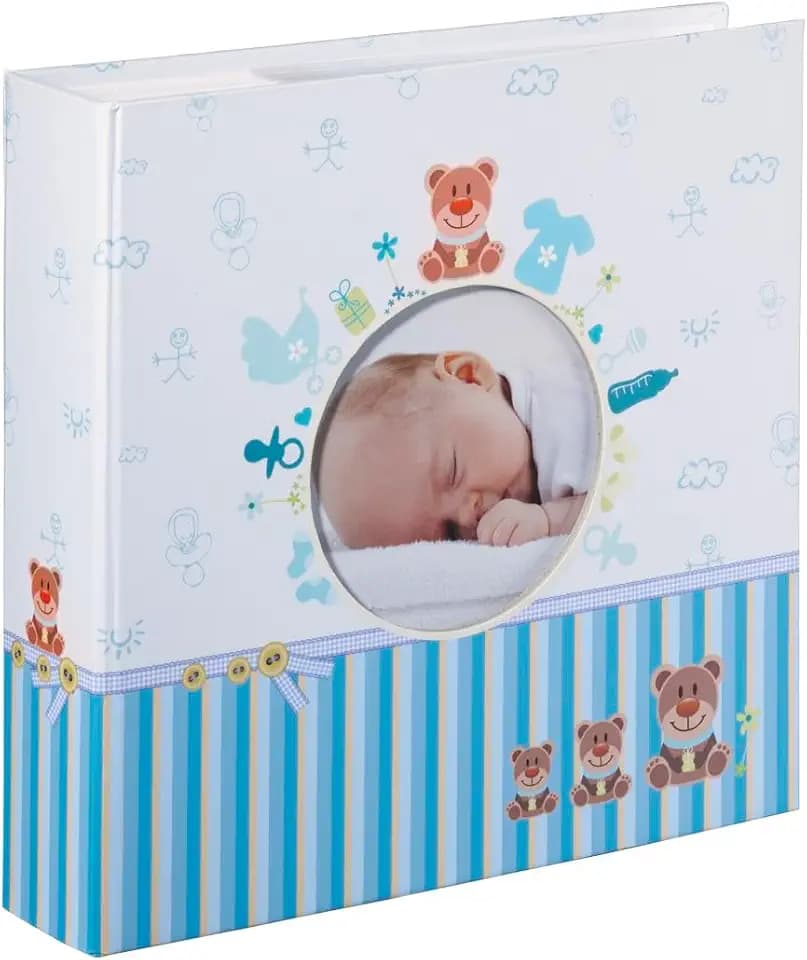 Hama Babyalbum Tim, Einsteckalbum für 200 Fotos im Format 10x15, Kinderalbum mit Beschriftungsfeld für Notizen und Selbstgestaltung, Ausschnitt für Foto, Baby Fotoalbum für Jungen, 22,5x22,5cm, blau