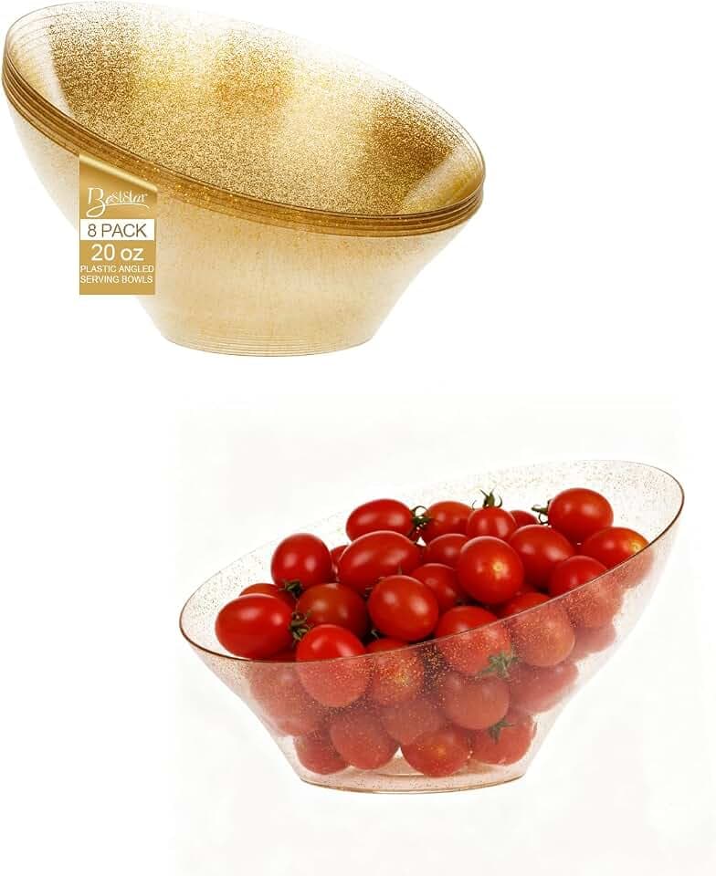 BESTSTAR Clear and Gold Gliter Plastic Serving Bowls 8 Pack 20OZ – Angled Disposable Party Bowls for Chips, Salad, Fruit & Candy – Heavy Duty Clear Serving Bowls for Parties, Buffet, Christmas