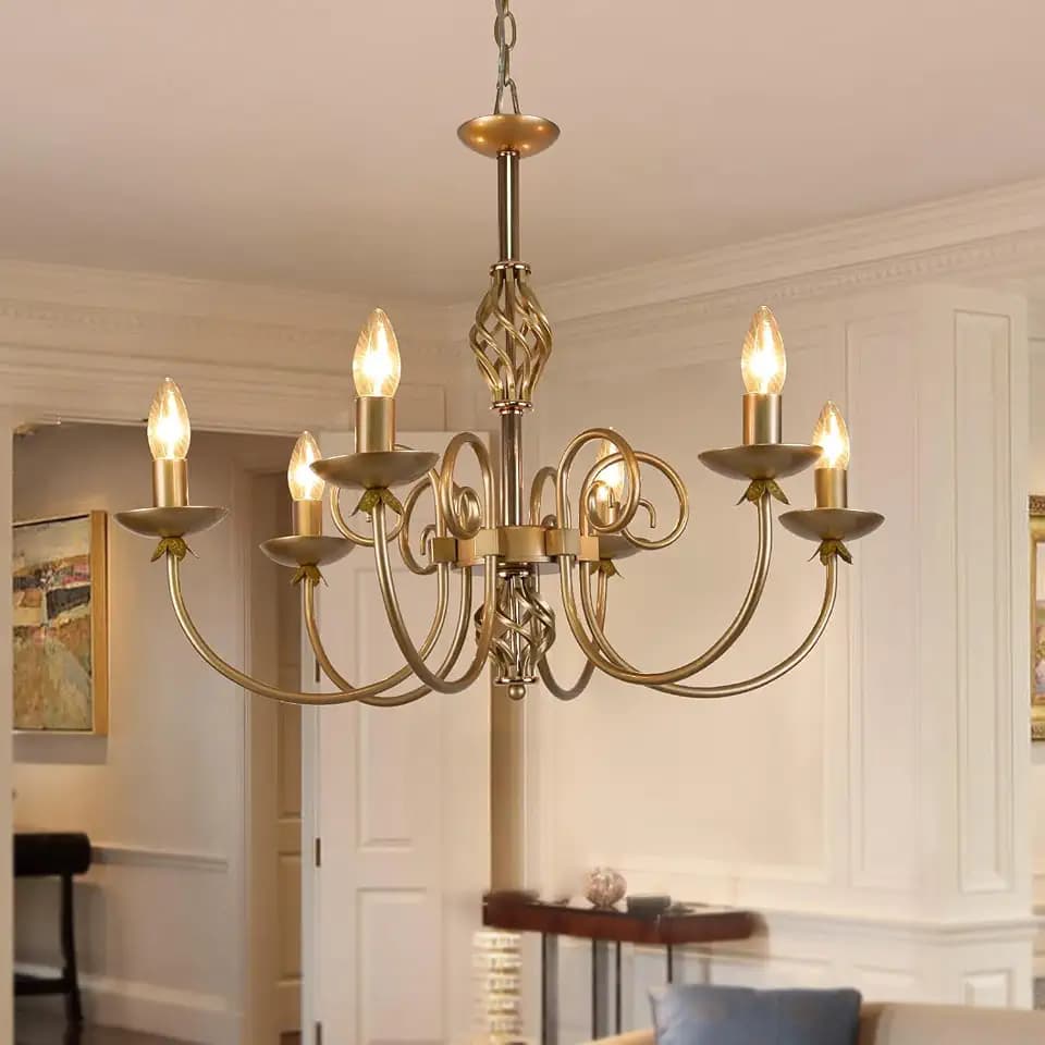 Sedelan 6-Light French Country Farmhouse Chandelier, 23.62" Vintage Antique Brass Rustic Candle Pendant Light, Adjustable Height E12 Lighting Fixture for Dining Room Kitchen Island Entryway Bedroom