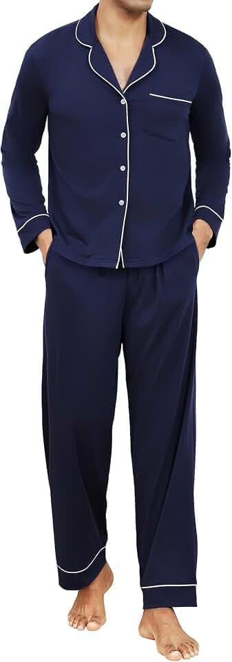 Schlafanzug Herren lang mit Knopfleiste Baumwolle Pyjama Set Zweiteiliger Herrenschlafanzug Langarm Loungewear Männer Nachtwäsche Hausanzug