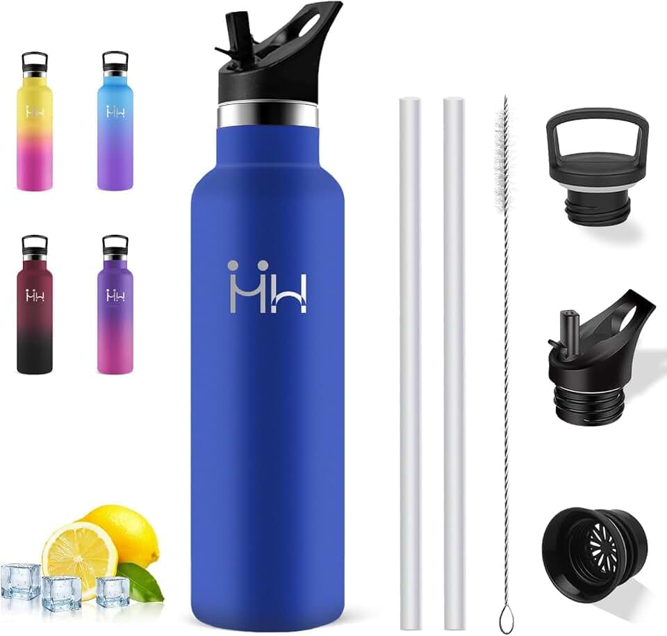 Trinkflasche Edelstahl 1l, Trinkflasche Sport, Wasserflasche mit Strohhalm