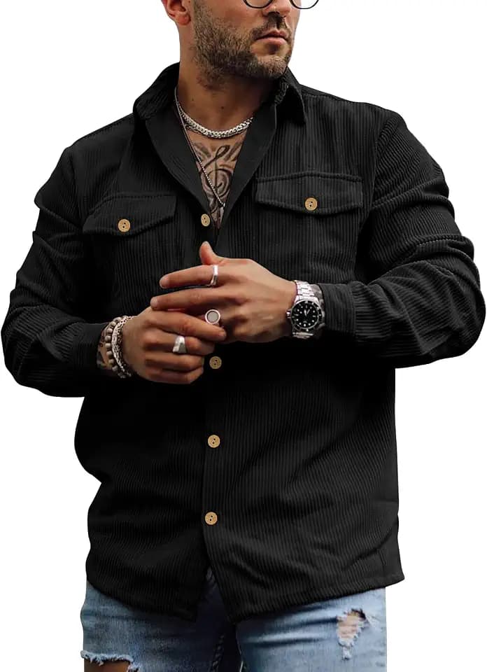 Mens Corduroy Button Down Shirt Jackets Long Sleeve Outerwear with Pockets