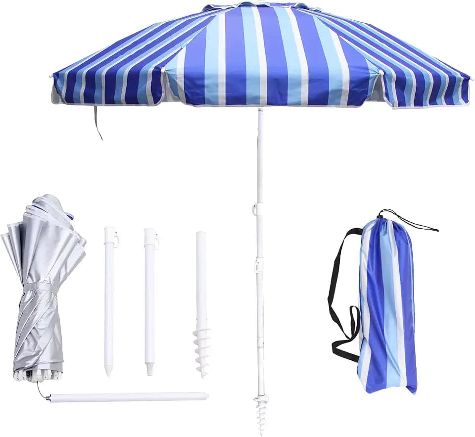 LOTTAFUN 6ft Beach Umbrella - Heavy Duty Wind Resistant UV 50+ Portable Sun Shade with Sand Anchor & Carry Bag, Outdoor Folding Umbrella for Beach, Pool, Patio, Garden NO Tilt The sand needs to exceed the spiral 6inch